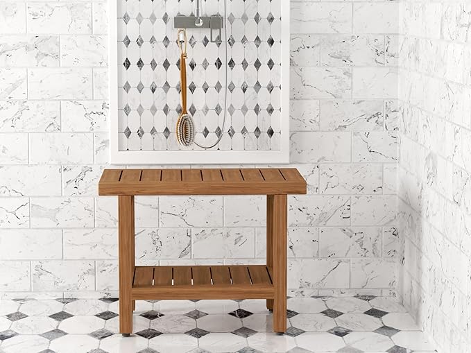 AquaTeak The Original 24" Spa Teak Shower Bench with Shelf