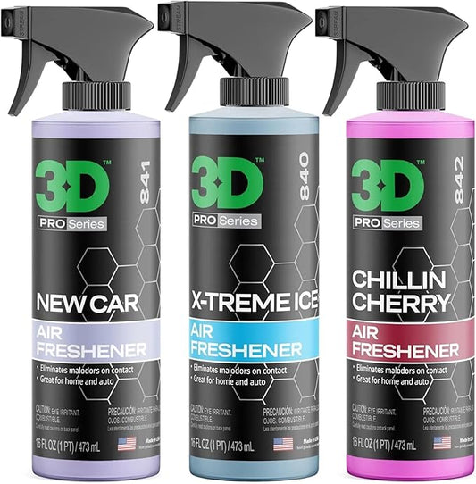 3D Air Freshener 3-Pack – New Car Scent, Chillin Cherry & X-Treme Ice – 16oz Spray Bottles – Non-Toxic, Water-Based Formula – Safe for Pets, People & All Surfaces