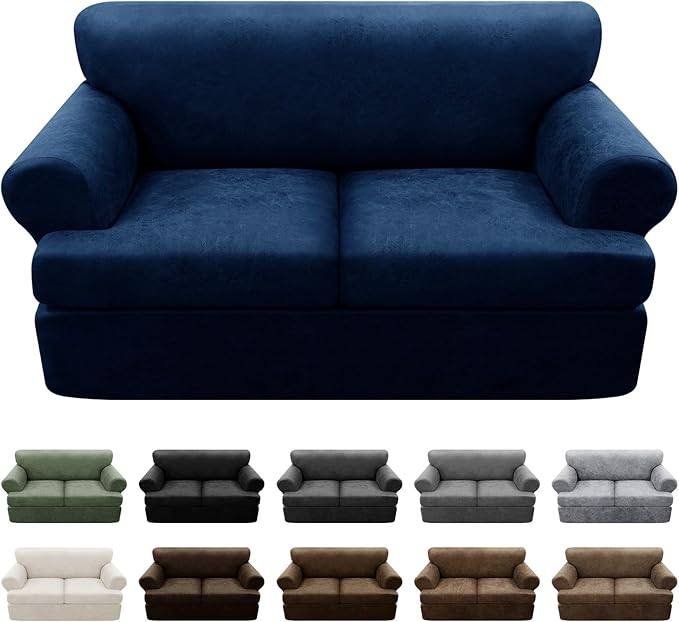 3-Pieces T Cushion Loveseat Slipcovers Leather Look Couch Cover Loveseat Covers for 2 Cushion Couch Furniture Protector Stretch Sofa Cover with 2 Individual T Cushion Seat Covers, Navy