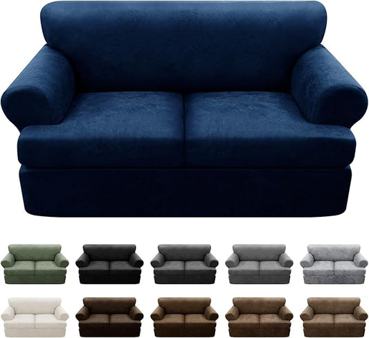 3-Pieces T Cushion Loveseat Slipcovers Leather Look Couch Cover Loveseat Covers for 2 Cushion Couch Furniture Protector Stretch Sofa Cover with 2 Individual T Cushion Seat Covers, Navy