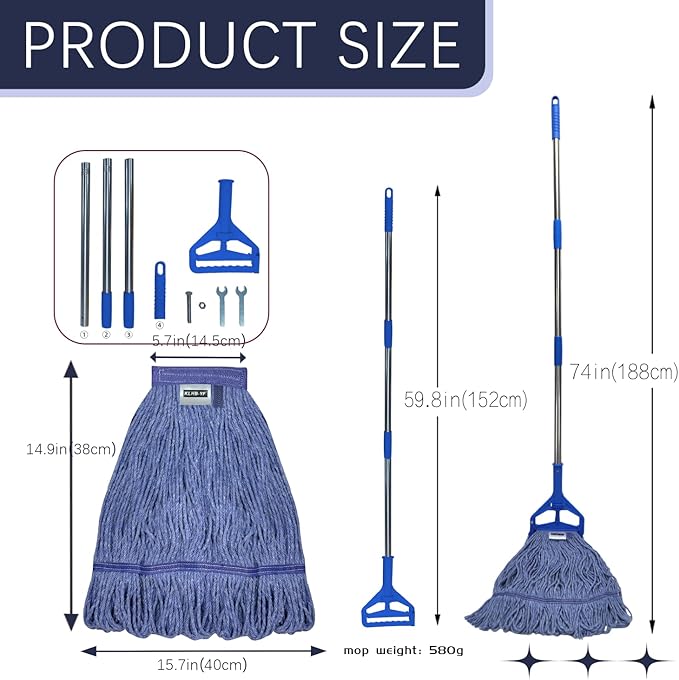 Commercial Cotton Mop Heavy-Duty Industrial with 2 Replacement Heads 152 cm Handle Replacement mop Head (Blue)