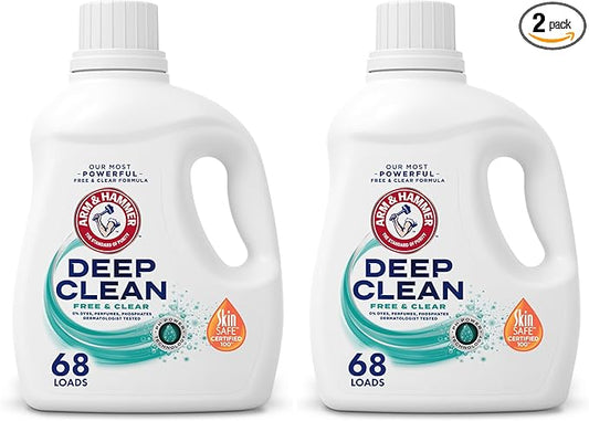 ARM & HAMMER Deep Clean Free & Clear Liquid Laundry Detergent, Free of Dyes, Perfumes and Phosphates, Suitable for Sensitive Skin, Dermatologist Tested, 102 Fl Oz, 68 Loads, (Pack of 2)