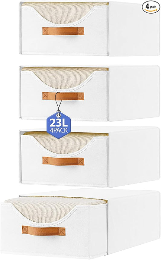4 Pcs 16.5" Closet Drawers and Large Size Clothes Storage Bins Push-Out Storage Stackable Shelf Drawers with See-Through Window Closet Organizers for Bedroom, Living Room, Under Bed, White
