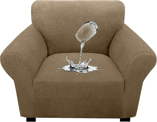 Waterproof Stretch Spandex Chair Sofa Slipcover - Non-Slip Soft Couch Cover with Elastic Bottom, Washable Leakproof Furniture Protector for Kids, Pets, Dogs & Cats (Chair, Brown)