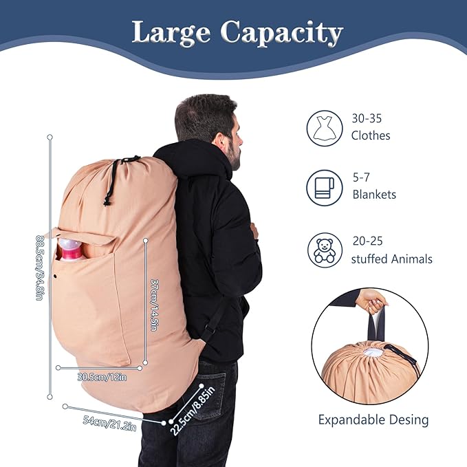 Sanlykate Canvas Backpack Laundry Bag - Extra Large Durable Dirty Clothes 2-3 Days Capacity with Adjustable Shoulder Strap & Front Pocket, for College Dorm, Apartment, Laundromats, Camping Travel