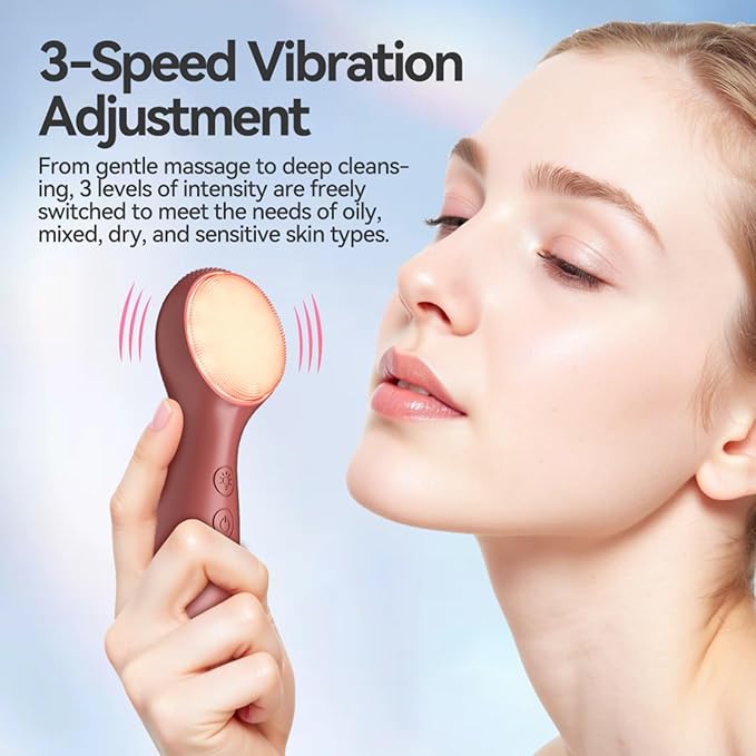 Facial Cleansing Brush Electric, Silicone Heated Face Scrubber with 7 LED Lights, Rechargeable Vibration Exfoliating Cleanser for Deep Cleaning & Gentle Massage, Skin Care Tool, Ideal Gift (Purple)