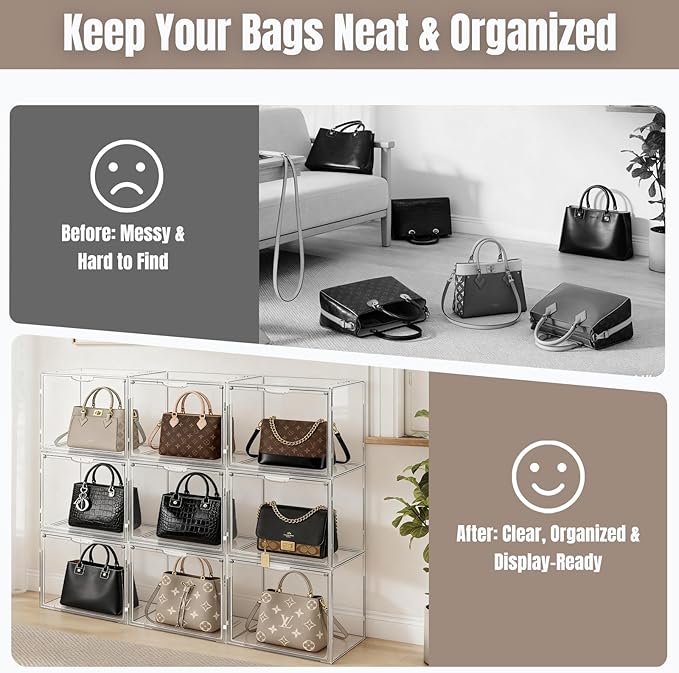 3 Pack Clear Acrylic Purse Organizer for Closet, Stackable Handbag Storage Boxes with Magnetic Doors, Dustproof Display Cases for Bags, Shoes & Collectibles
