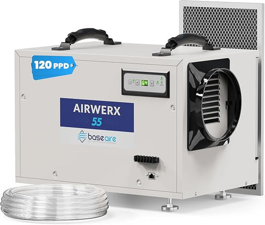 BaseAire Crawl Space Dehumidifier,113 Pint Dehumidifiers with Drain Hose for Basement, Commercial, Industrial, Portable, Auto Defrost, Memory Starting