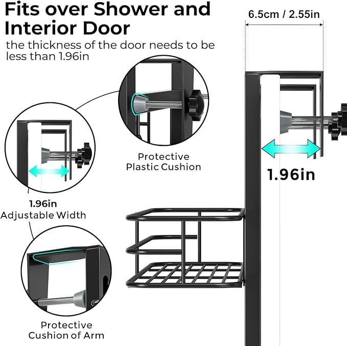 ODesign Over The Door Shower Caddy, 3-Tier Adjustable Hanging Caddy with 4 Hooks, Rustproof Bathroom Organizer with Suction Cup, Shower Shelf Rack for Shampoo, Razor - Black
