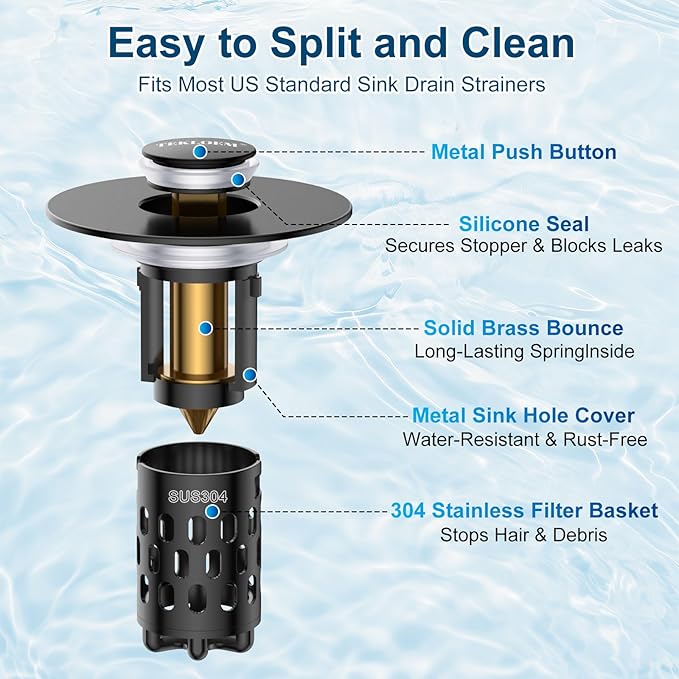 Bathroom Sink Stopper,All Metal Pop-Up Sink Drain Strainer with Removable Stainless Steel Filter Basket, Universal Bathroom Hair Catcher Fit for 1.1-2.36'' Drain (Black, 2 Pack)