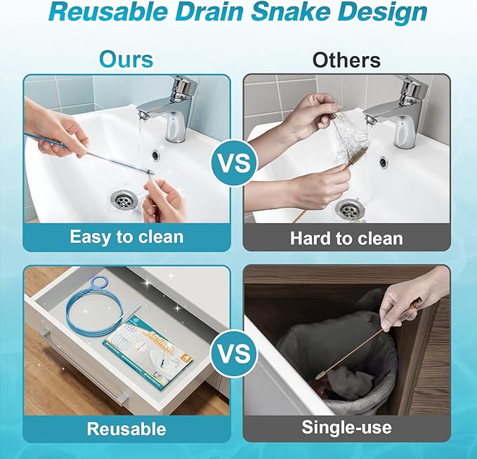4 Pack Snake Drain Hair Removal Tool, Reusable Drain Snake Hair Drain Clog Remover Tool, 50 Inch Anti-break Steel Shower Drain Snake for Bathtub, Bathroom Sink Drain Unclog