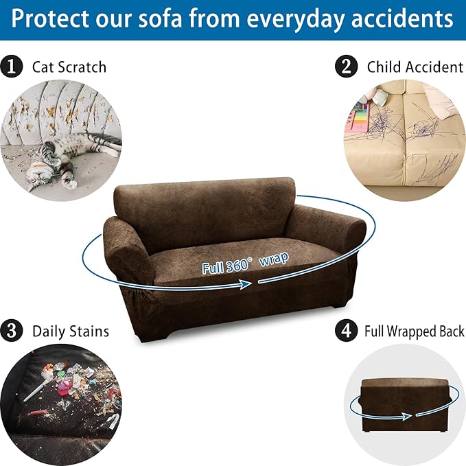 Loveseat Sofa Slipcover Leather Look Couch Covers for 2 Seater Couch Sofa 1-Piece Sofa Cover Stretch Furniture Protector with Elastic Bottom & Pockets(Loveseat, Brown)