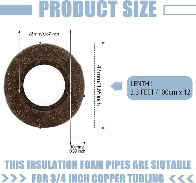 Amylove 12 Pcs 3.3 Feet Foam Pipe Insulation Foam Tube Insulating Water Pipe Pool Swim Noodles Pre Slit Heat Preservation Pipes Covers for Tubing Outdoor Winter Freeze Protection(Brown,3/4 Inch)