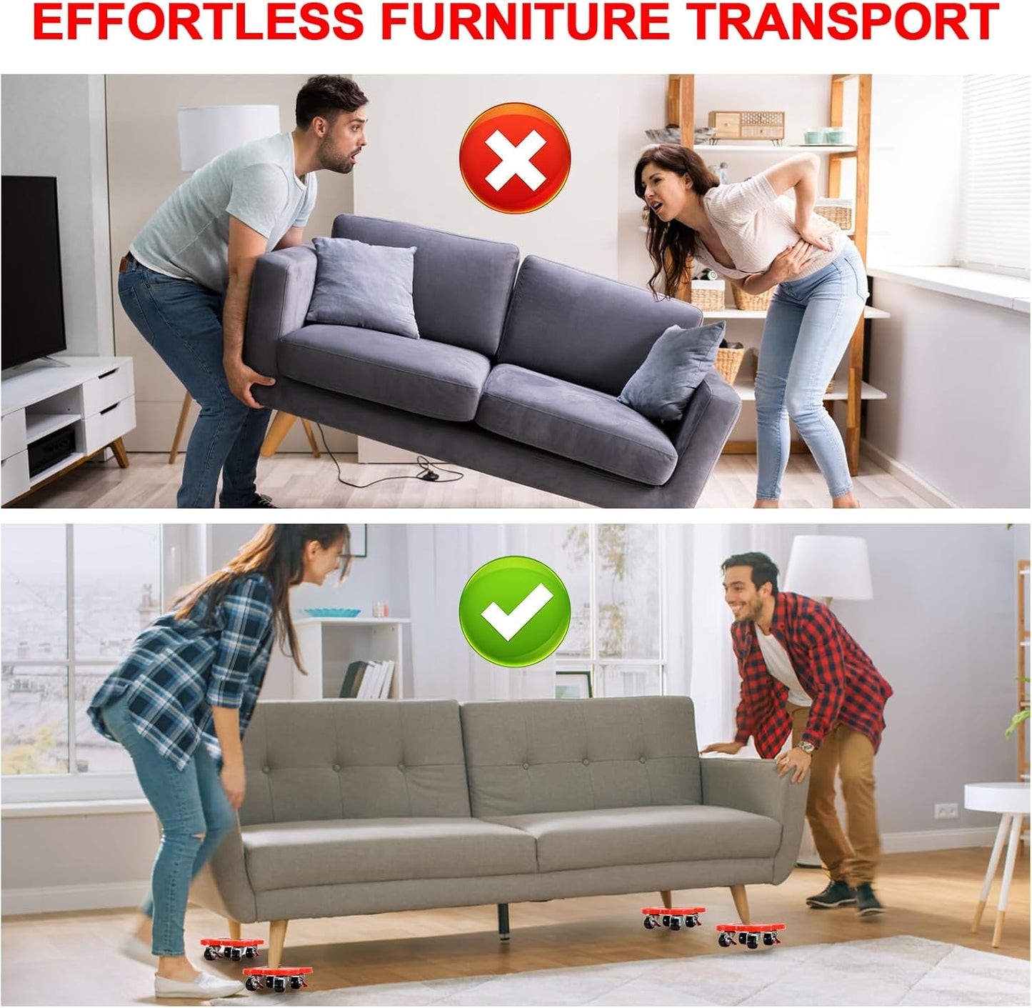 Furniture Mover Dolly Sliders with Brake Wheels (4-Pack) — 360° Rotation, Up to 1,100 lbs