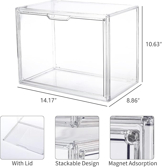 FABROK 2Pcs Clear Book Storage Organizer Box, Plastic Stackable Book Display Case with Magnetic Door, Assemble Storage Showcase for Toy Dolls, Books, Shoes Organizing