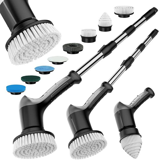 Electric Spin Scrubber with 3 Speed, Adjustable Extension Handle, 8 Brush Heads,Cordless Power Cleaning Brush for Bathroom, Tile, Kitchen-Grey