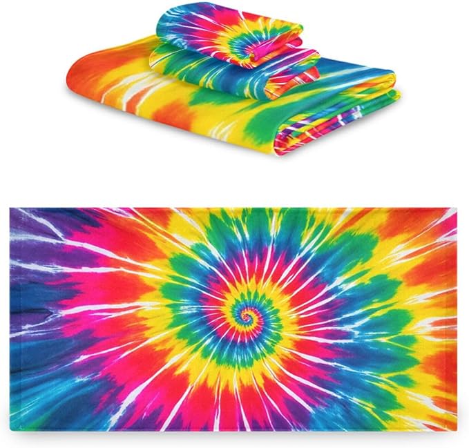 Pfrewn Tie Dye Towels Set of 3 Rainbow Hippie Colors Bathroom Towel Soft Absorbent Chic Abstract Swirl Bath Hand Towels Washcloth Guest Towel Sets Bathroom Decorations