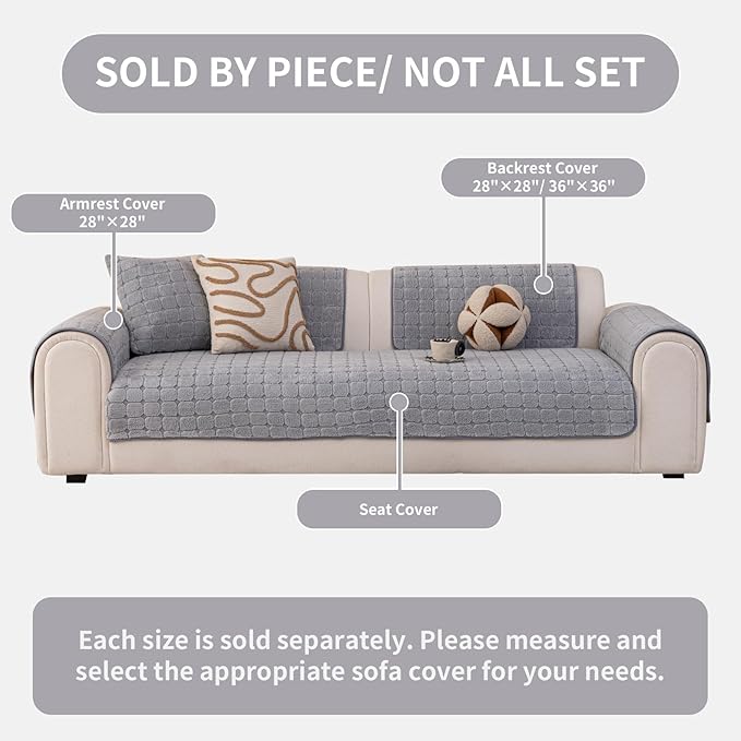 Velvet Sofa Covers Washable, Plush Warm Couch Cover for Sectional Sofa, Funny Fuzzy Couch Covers for Pets&Kids, Non-Slip Sectional Sofa Cover(1PC, Light Grey, 35.4"×82.7", Large Sectional)