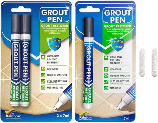 Grout Pen Tile Paint Marker: Dark Grey 1 Pack and 2 Pack with Extra Tips (Narrow, 5mm) - Waterproof Grout Colorant and Sealer Pen to Renew, Repair, and Refresh Tile Grout - Cleaner Floor Pens