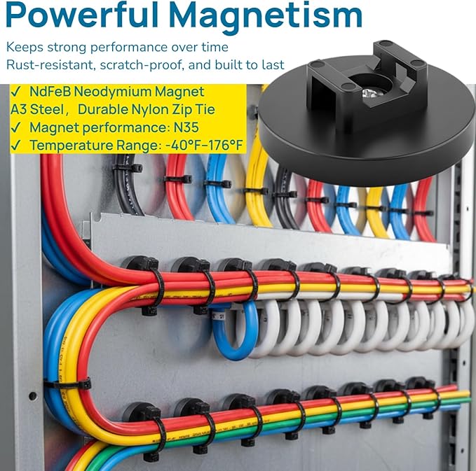 Magnetic Zip Tie Mount Set, 25 Magnetic Cable Tie Mounts with 200 Cable Ties, Strong Wire Management Cables Holder, Multipurpose Electrical Cord Management Cord Holders Organizer (43mm)