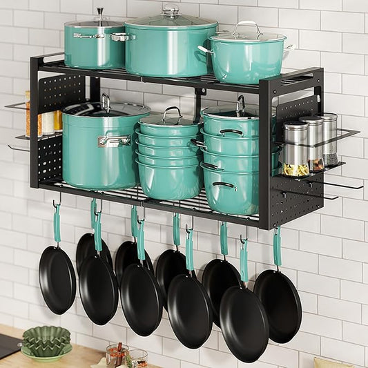 31 Inch Pot Rack Wall Mounted, 2-Tier Pots and Pans Organizer with 20 Hooks & Pan Organizer and Spice Rack, Heavy Duty Hanging Pot Hanger for Kitchen Cookware, Utensils, Black