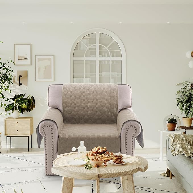 PrinceDeco Chair Covers Slipcover Waterproof Couch Cover That Stays On Sofa Non-Slip Armchair Cover with Elastic Straps Washable Slipcover Furniture Protector for Dogs Pet Friendly(Chair, Taupe)