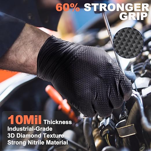 10mil Heavy Duty Nitrile Gloves,Black Disposable Rubber Gloves with Diamond Grip Anti Chemical Puncture Resistant Mechanics Guantes for Men/Auto repair/Cooking/Food Grade-Latex Free-Medium 100