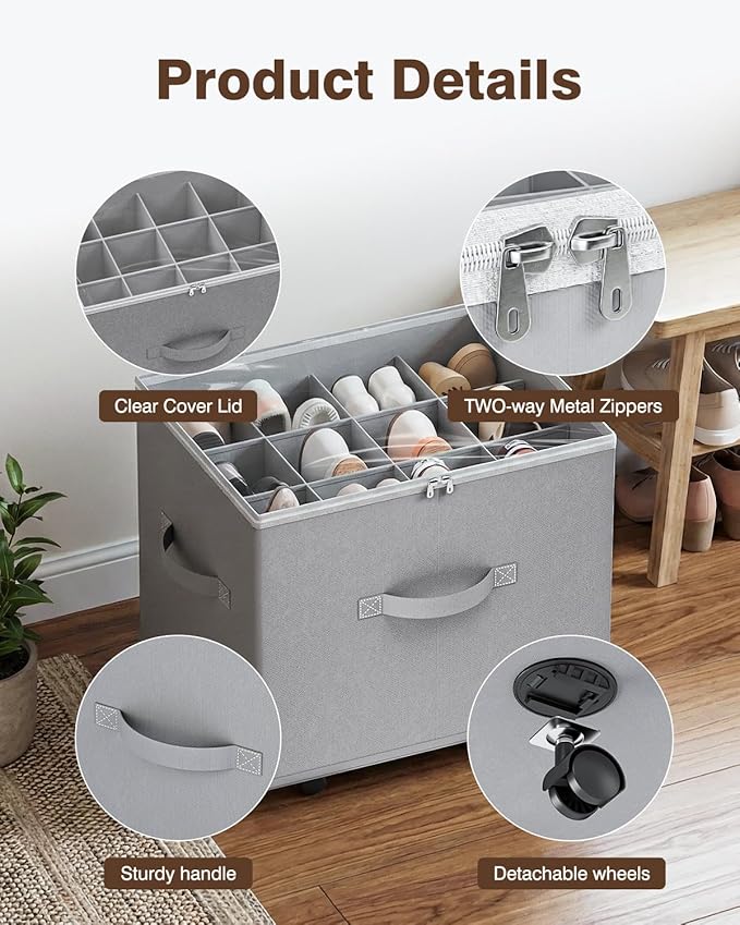 HOUSE AGAIN Shoe Organizer for Closet, 2 Pack Shoe Storage Organizer with Wheels, Foldable Shoe Storage Box with Adjustable Dividers and Clear Cover, Reinforced Handles, Fits up to 16-32 Pairs, Gray