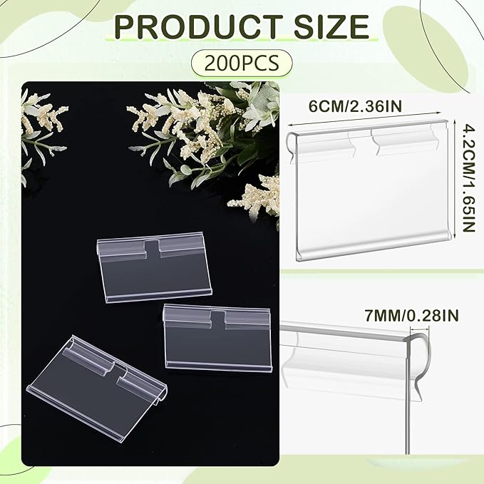 Tatuo 200 Pcs Reusable Plastic Wire Shelf Label Holders, Price Card Sign for Pantry Retail Supermarket Merchandise Shopping Mall Shop Ticket Display Holder Clip on Design, 2.36" L x 1.65" H (Clear)