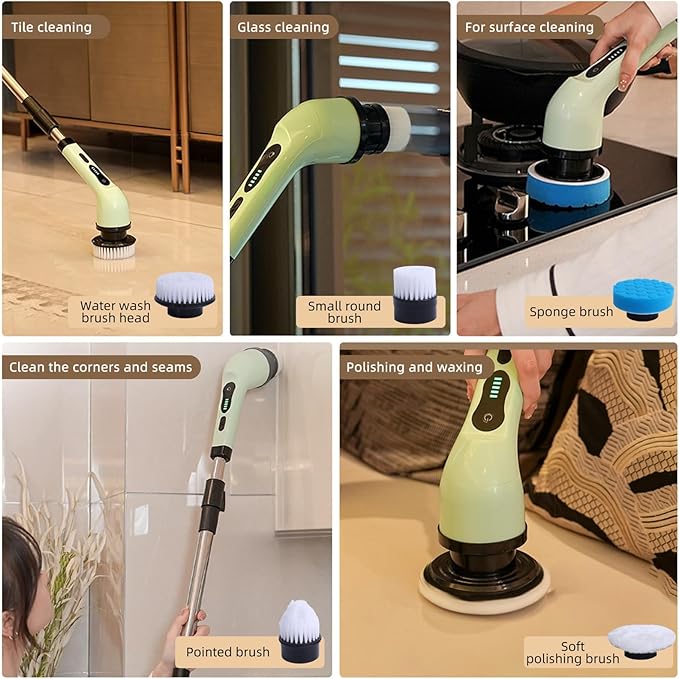Cordless Electric Spin Scrubber, 9 Replacement Cleaning Heads IPX6 Dual Cleaning Brush with Extension Arm for Bathroom Bathtub Grout Tile Floor (6