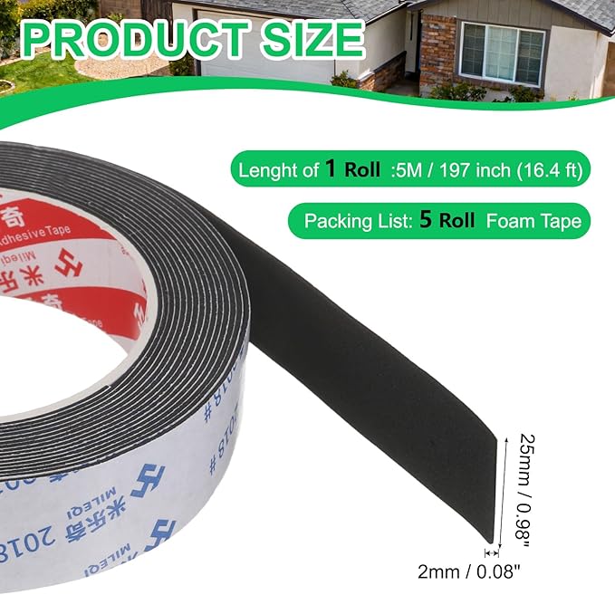 PATIKIL 5Roll Sponge Rubber Foam Tape, 63/64" W x 5/64" t x 16.4ft l Self-Adhesive Foam Insulation Tape Weather Stripping for Window Door Soundproofing Weatherstrip AC Seal Strip, Black