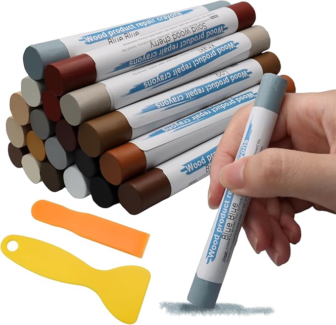 Zorfeter 20 Pack Wood Filler Sticks with 2 Scrapers, 20 Colors Wood Wax Crayons Furniture Repair Kit, Scratch Repair Crayons for Floors Cabinets Tables Doors