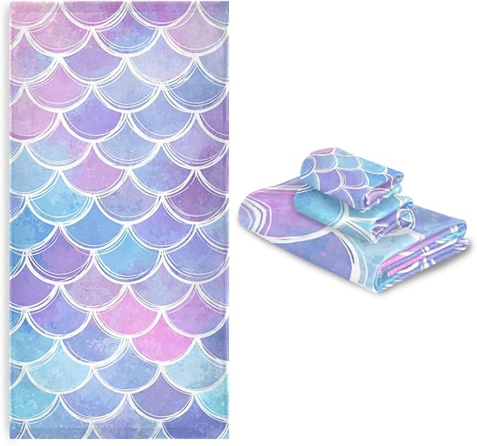 Pfrewn Magic Pink Blue Mermaid Scales Towels Set of 3 Rainbow Marble Galaxy Bathroom Towel Soft Absorbent Bath Hand Towels Washcloth Guest Towel Sets Bathroom Decorations