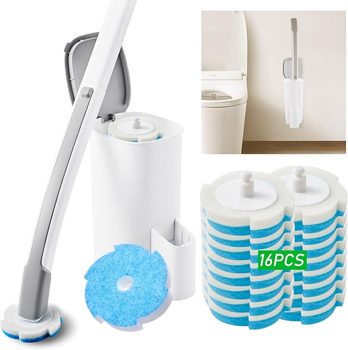 Disposable Toilet Brush and Holder Set with 16 Refills, Toilet Bowl Brush Cleaner Long Handle Wand, Compact Bathroom Toilet Scrubber Cleaning Supplies Wall Mounted for Bath Tub Sink Washbasin, White