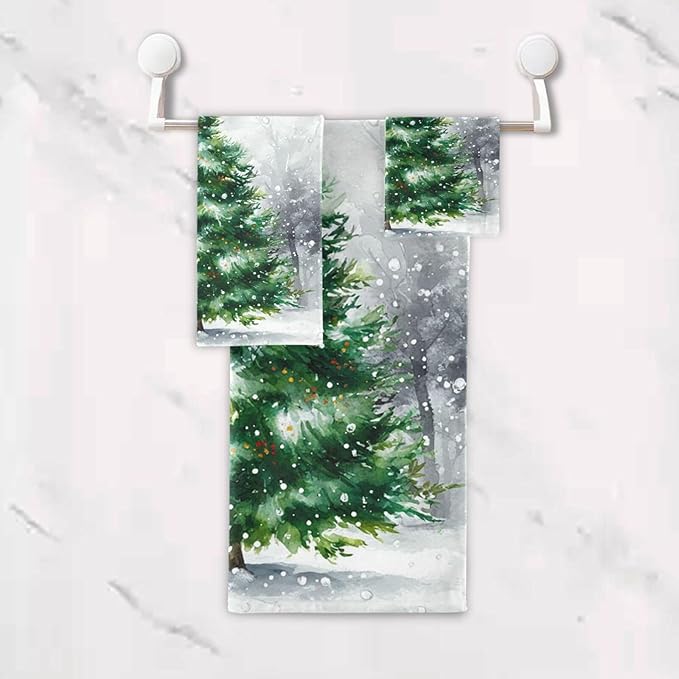 Pfrewn Christmas Winter Towels Set of 3 Rustic Christmas Tree with Snowflakes Bathroom Towel Soft Absorbent Bath Hand Towels Washcloth Guest Towel Sets Xmas Holiday Decor