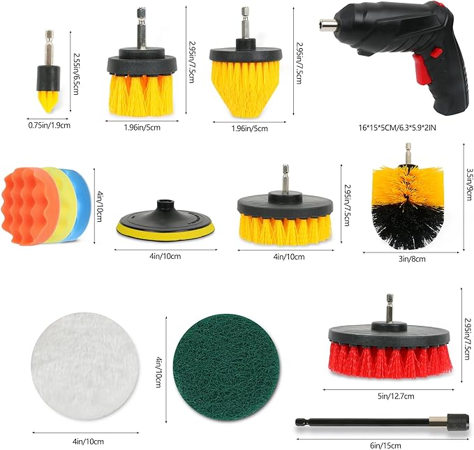 55pcs Drill Brush Attachment Set - Cleaning Scrubber Brush Kit with Cordless Screwdriver, Wear-Resistant Extend Long Attachment, Scouring Pads, Sponge, Polishing Pads for House, Car, BBQ