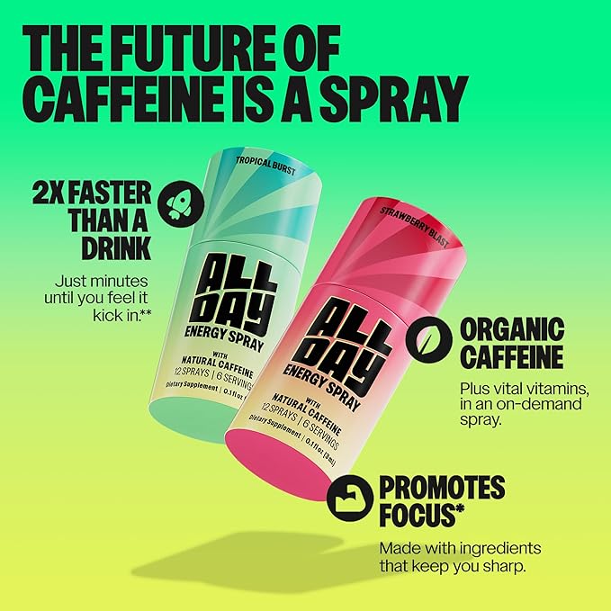 ALLDAY Focus + Energy Spray | Natural Caffeine + L-Theanine + Essential Vitamins | 0 Calorie, 0 Sugar | 12 Spray Bottle | Faster, Cleaner, Smoother Energy (8 Pack Strawberry)