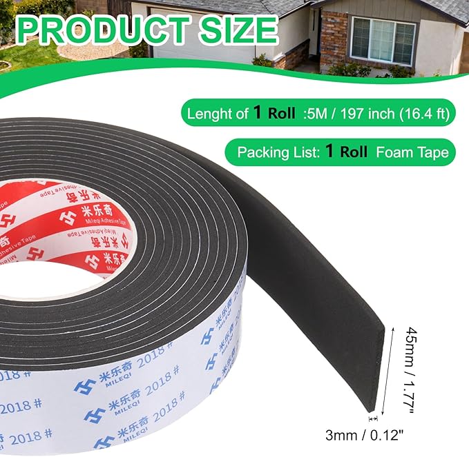 PATIKIL Sponge Rubber Foam Tape, 1 3/4" W x 1/8" t x 16.4ft l Self-Adhesive Foam Insulation Tape Weather Stripping for Window Door Soundproofing Weatherstrip AC Seal Strip, Black