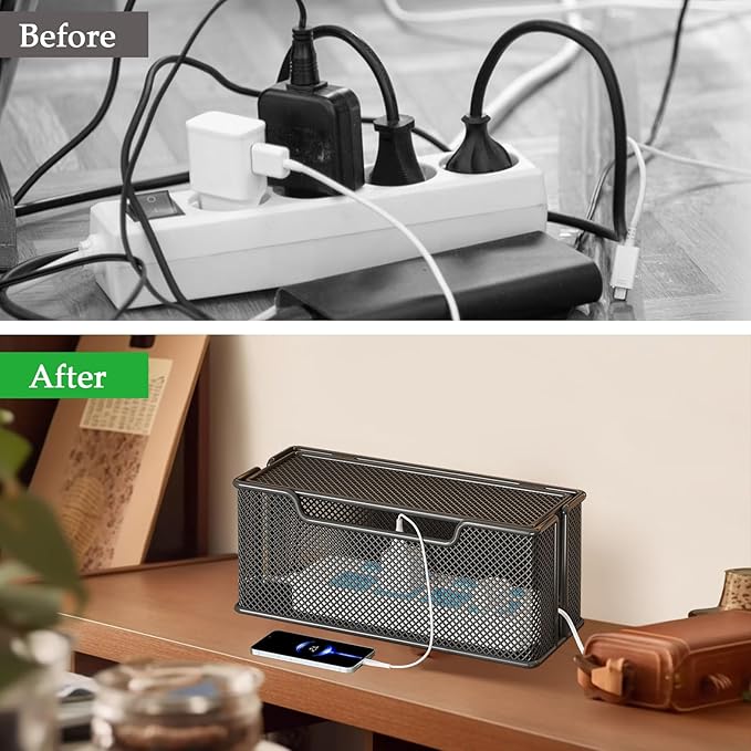 Cable Management Box,Desk Cable Organizer Box,No Installation Wire Cord Box Hider,Metal Mesh Cord Holder for Desk TV Computer USB Hub System to Cover and Hide & Power Strips & Cords