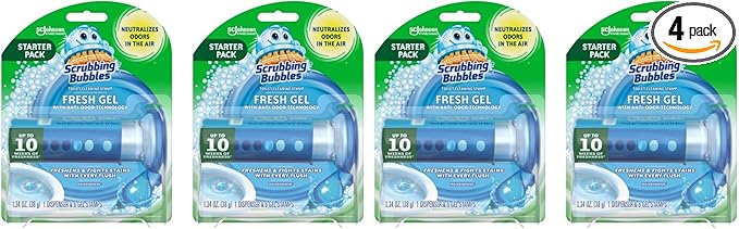 Scrubbing Bubbles Fresh Gel Toilet Bowl Cleaning Stamps,Helps Keep Toilet Clean and Helps Prevent Limescale & Rings,Rainshower Scent,1 Dispenser with 6 Fresh Gel Stamps,(Pack of 4)