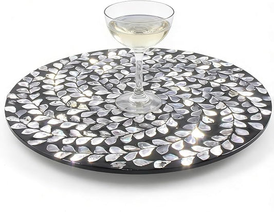 13.4" Mother of Pearl Lazy Susan, 360 Degrees Rotating Table Turntable Organizer Round Wood Spinning Tray for Countertop Table Cabinet Living Room Kitchen Office Home Decor (Black Willow)