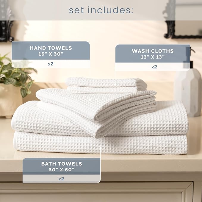 S&T INC. Aura Towel Set, 6 Piece Set, Premium Waffle Weave, Bath Towels, Wash Cloths and Hand Towels for Bathroom, Kitchen, and Home, Absorbent and Fast Drying Microfiber, 420gsm, 6 Pack, White