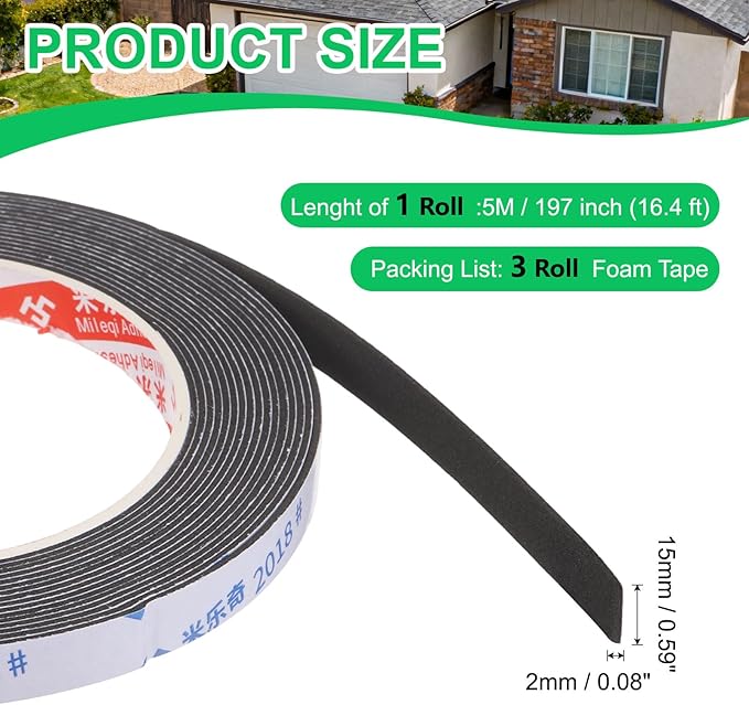 PATIKIL 3Roll Sponge Rubber Foam Tape, 5/8" W x 5/64" t x 16.4ft l Self-Adhesive Foam Insulation Tape Weather Stripping for Window Door Soundproofing Weatherstrip AC Seal Strip, Black