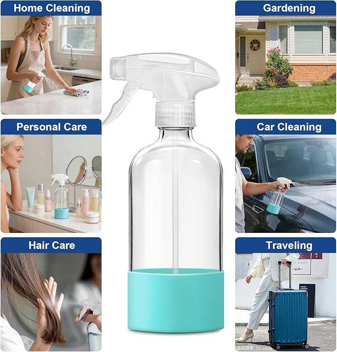Glass Spray Bottles for Cleaning, 3 Pack Clear Empty Spray Bottle for Cleaning Solutions, 17 fl oz Reusable Spray Bottle for Plants with Silicone Boot, Cleaning Spray Containers with Labels