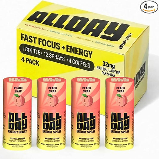 ALLDAY Focus + Energy Spray | Natural Caffeine + L-Theanine + Essential Vitamins | 0 Calorie, 0 Sugar | 12 Spray Bottle | Faster, Cleaner, Smoother Energy* (4 Pack Peach)