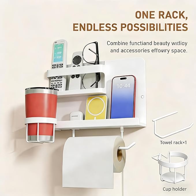 Floating Shelves for Bedside, Self Stick On Wall Mount Shelf Organizer with Hooks, Cute Room Decor Aesthetic, Multi-Functional Storage for Bedroom, Office, No Drilling Adhesive Hanging Shelf (White)