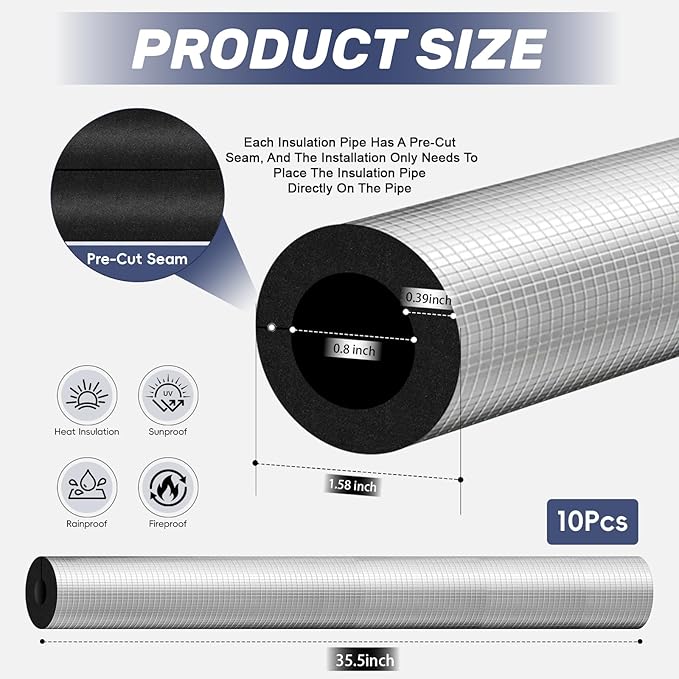 3/4 " ID Pipe Insulation Foam Tube Heat Tape for Water Pipes Self Adhesive 36 '' L, Outdoor Foam Water Pipe Insulation for Winter Pipe Freeze Protection (10 PC)
