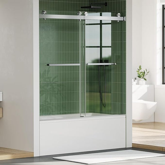 Frameless Bathtub Shower Door 56–60 Inch W × 59 Inch H, Sliding Tub Door, Sliding Shower Panels, 6mm Tempered Glass, Square Stainless Steel Track, Brushed Stainless