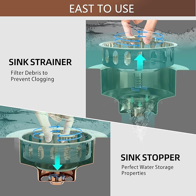 Kitchen Sink Drain Assembly 3-1/2 Inch Stainless Steel Kitchen Drain with T-Shaped Sink Strainer Basket and Drain Stopper for Standard Kitchen Sink Antique Copper