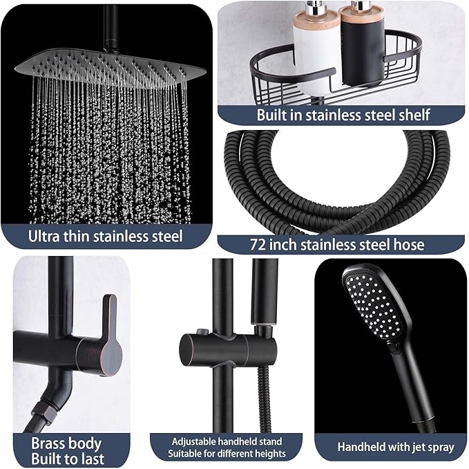 SonTiy 12 Inch Rainfall Shower System with Handheld Spray, High Pressure Rain Shower Head with Jet Spray, Luxury Bathroom Shower Fixtures with Adjustable Slide Bar & Shower Caddy, Oil Rubbed Bronze